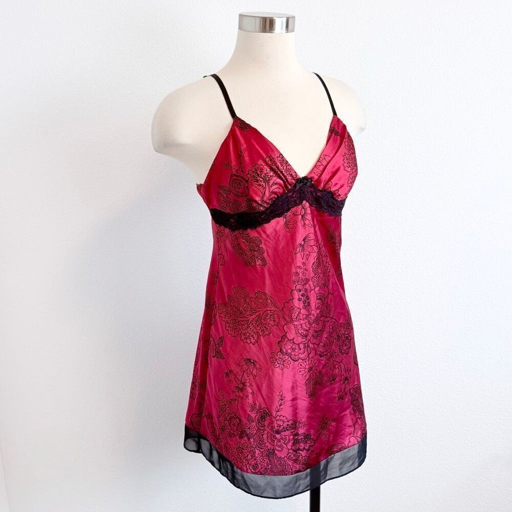 Vintage Apt 9 Red Black Floral Satin Mini Dress Nightgown Slip Lingerie Small